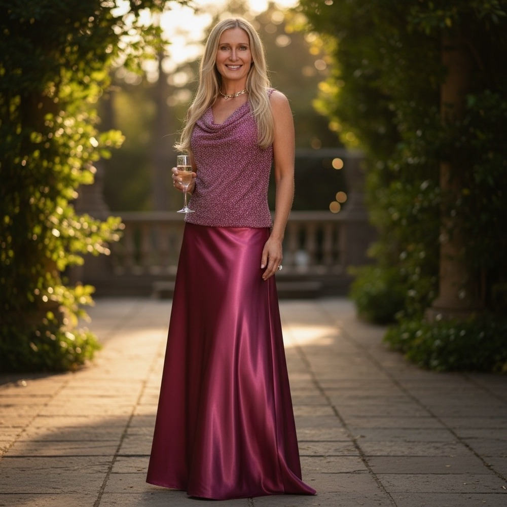 Adrianna Papell Evening 2 Piece Beaded Cowl Top Satin Maxi Skirt Burgundy P10
